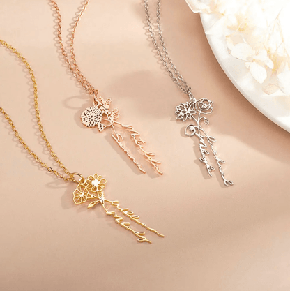 Three Personalized Birth Flower Necklaces in gold, rose gold, and sterling silver, with custom names, showcasing delicate and intricate floral designs.