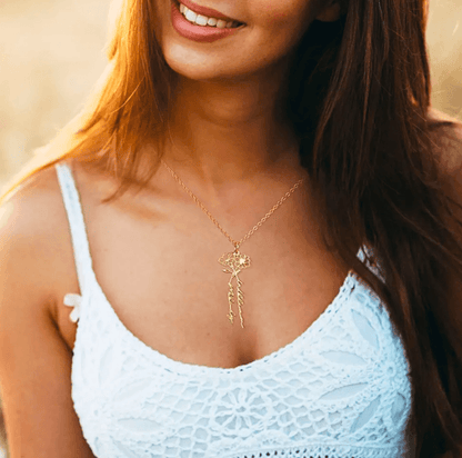 Woman wearing a gold Personalized Birth Flower Necklace with custom names, displayed against a white crocheted top, featuring a delicate and elegant design.