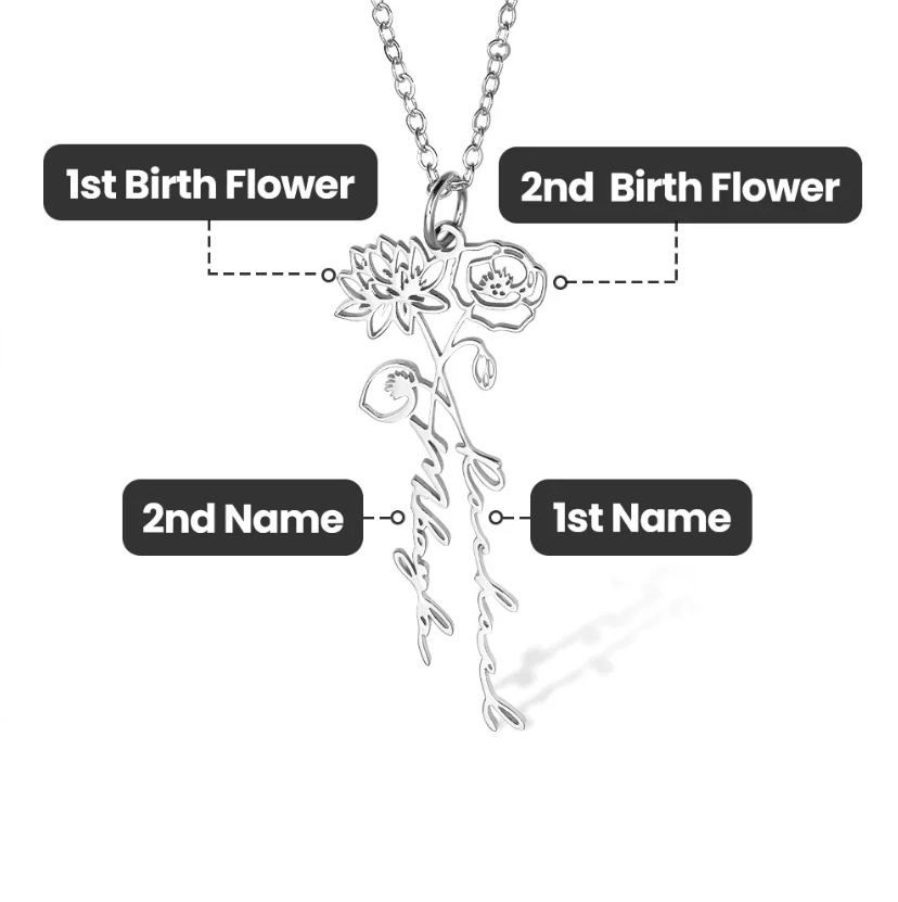 Diagram of a sterling silver Personalized Birth Flower Necklace showing the placement of the 1st and 2nd birth flowers and the 1st and 2nd custom names.