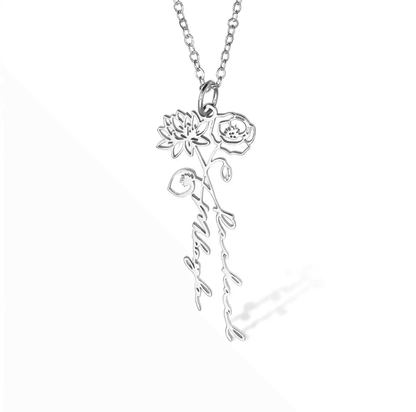Personalized Birth Flower Necklace in sterling silver with custom names "Rachel" and "Maya," featuring delicate and intricate floral design.