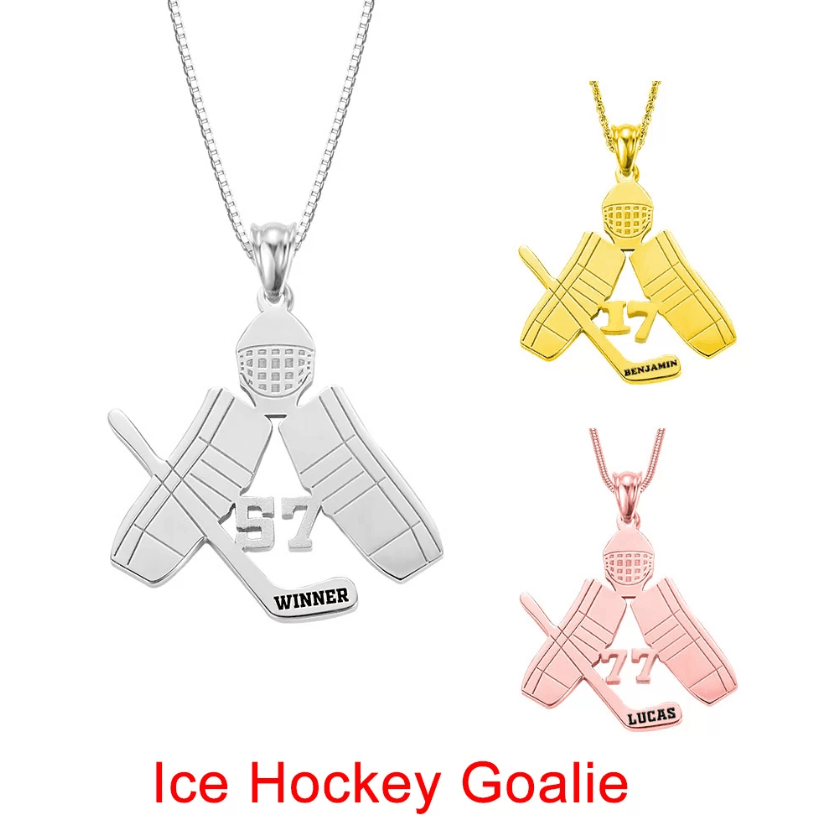 Three ice hockey-themed pendants in silver, gold, and rose gold featuring a goalie mask, crossed goalie pads, and a stick with personalized names and numbers. Text: "Ice Hockey Goalie."