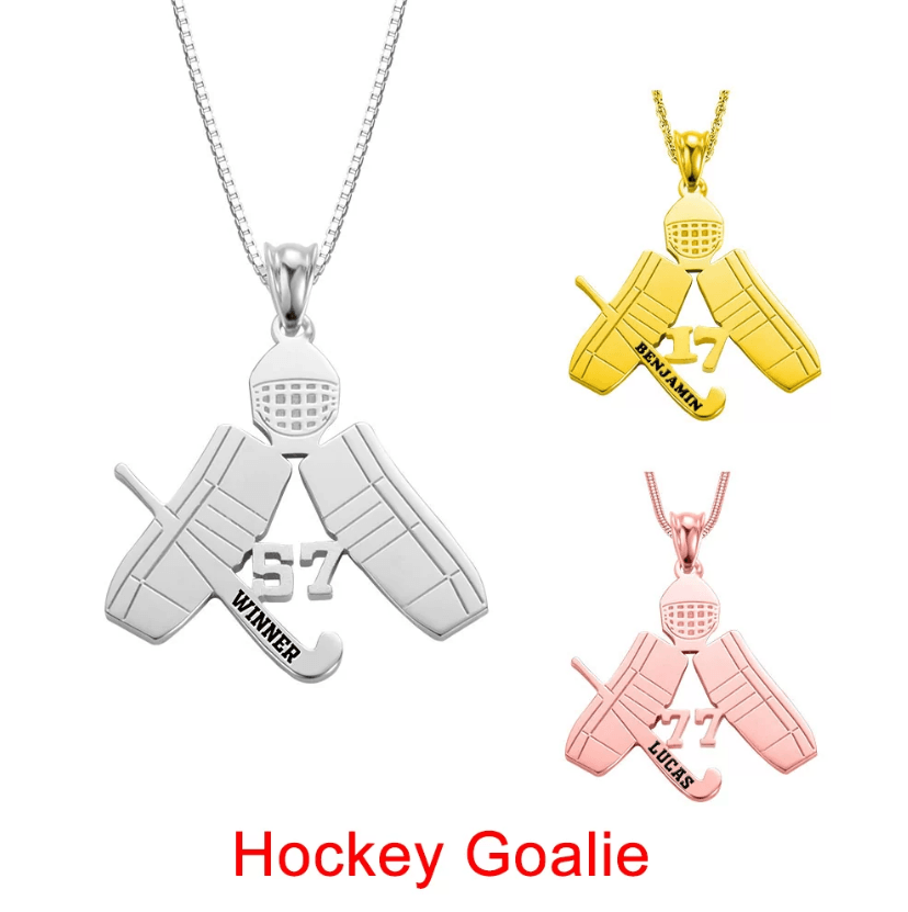 Three hockey-themed pendants in silver, gold, and rose gold featuring a goalie mask, crossed goalie pads, and a stick with personalized names and numbers. Text: "Hockey Goalie."