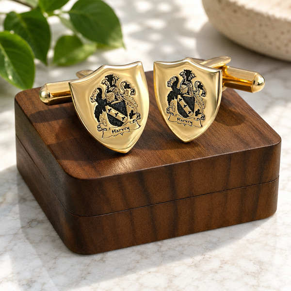 Gold shield cufflinks with Harvey family crest, personalized custom gift on wooden box