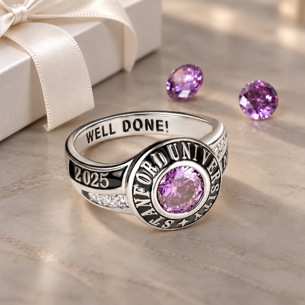 Close-up of personalized sterling silver graduation class ring featuring a purple birthstone, custom school name, 2025 engraving, and inside message. Displayed on an elegant beige marble surface with a white ribbon gift box and purple gemstones in the background.
