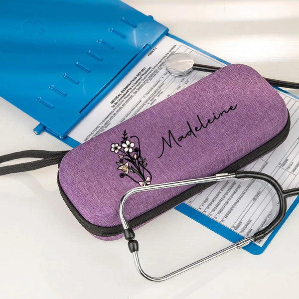 Personalized purple stethoscope case with floral design and name Madeleine, ideal for medical professionals
