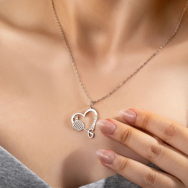 Personalized Tennis Name Necklace with Heart Racket Design