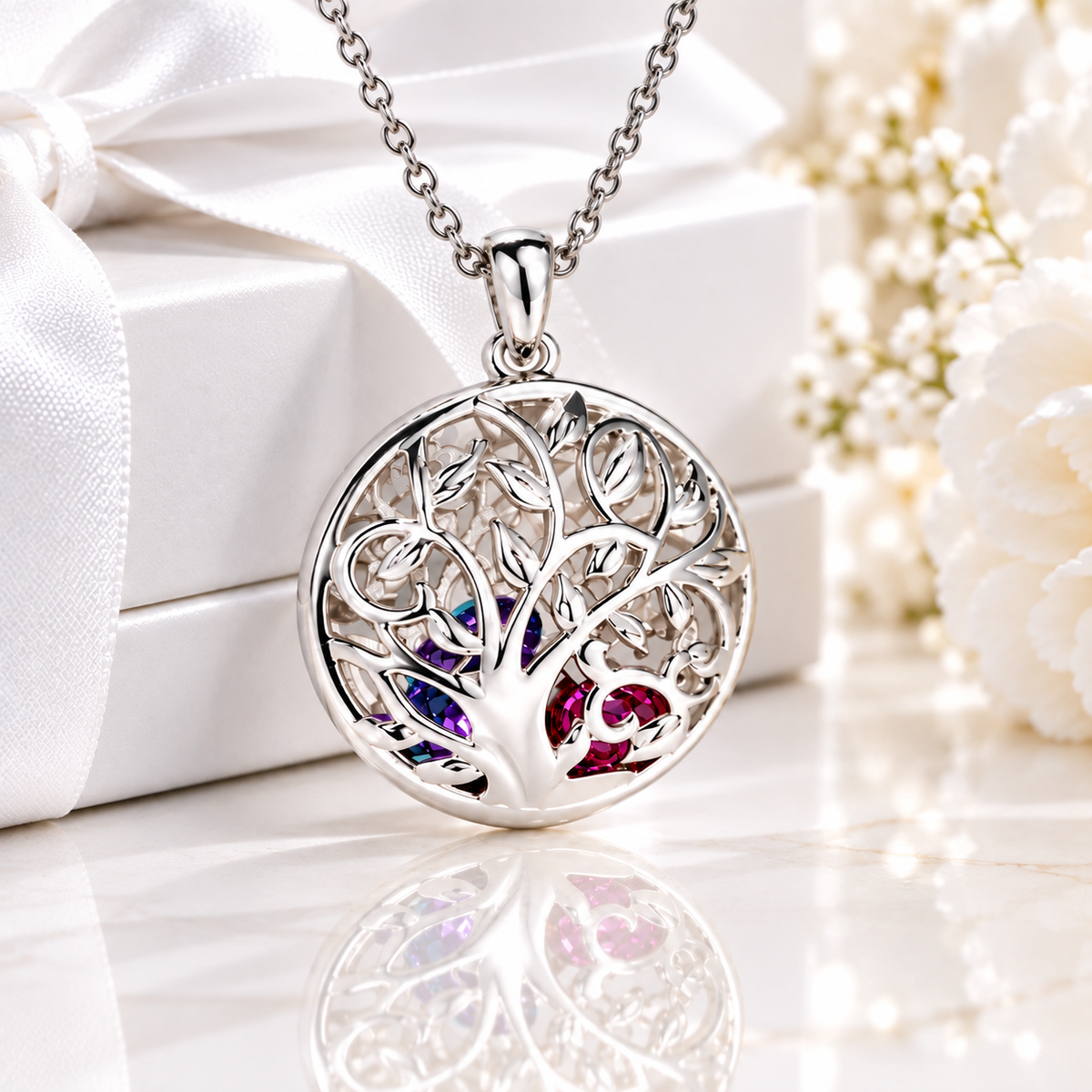Personalized family tree necklace with custom birthstones in silver