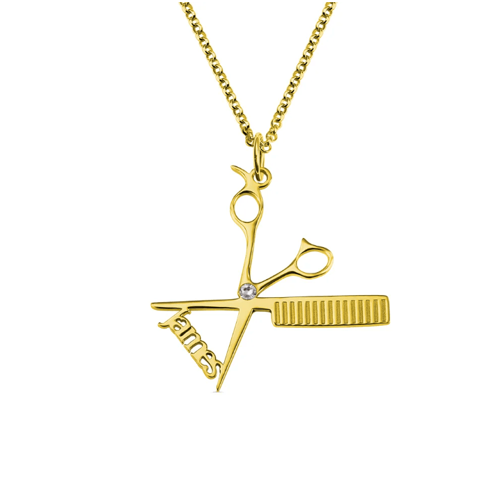 Gold personalized hairdresser necklace with scissors and comb pendant and the name 'James'