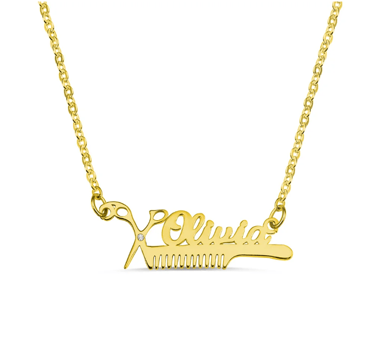 Gold personalized hairdresser necklace with scissors and comb pendant and the name 'Olivia.