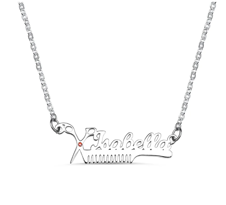 Personalized hairdresser necklace with scissors and comb pendant and the name 'Isabella' in sterling silver.