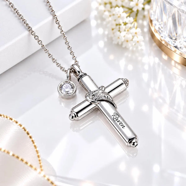Personalized angel wing cremation urn necklace for ashes with cross pendant