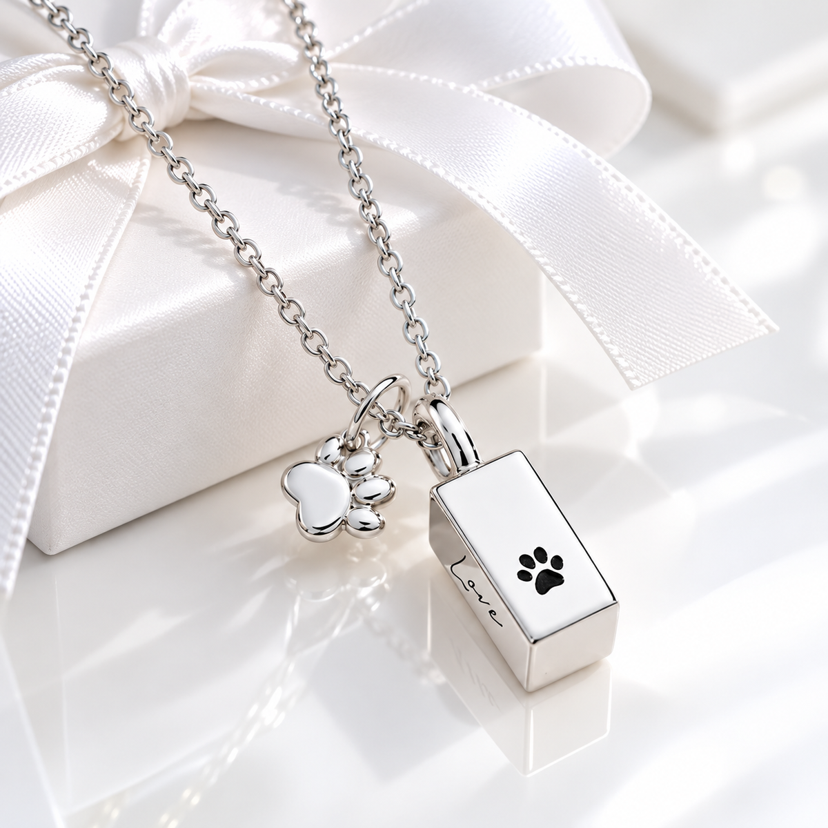 Silver personalized urn necklace for ashes with paw print charm