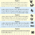 A chart displaying five different fonts with the alphabet and numbers 0-9. Examples of monograms are shown in Fonts 1 through 5, featuring initials "WC," "IMD," "AG," "BA," "MJ," "BR," "NLG," and "MC.