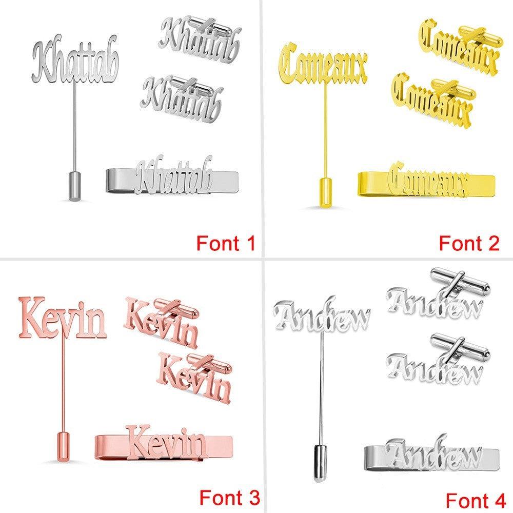 A selection of men's accessories sets with personalized name designs in various fonts. Includes tie clips, lapel pins, and cufflinks in gold, silver, and rose gold. Names featured are "Khattab," "Comeaux," "Kevin," and "Andrew.