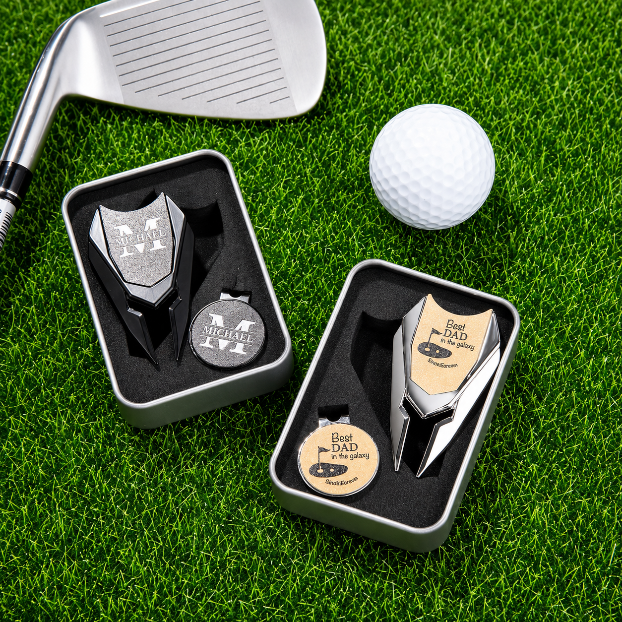 Personalized Best Dad yellow golf divot tool and magnetic ball marker gift set