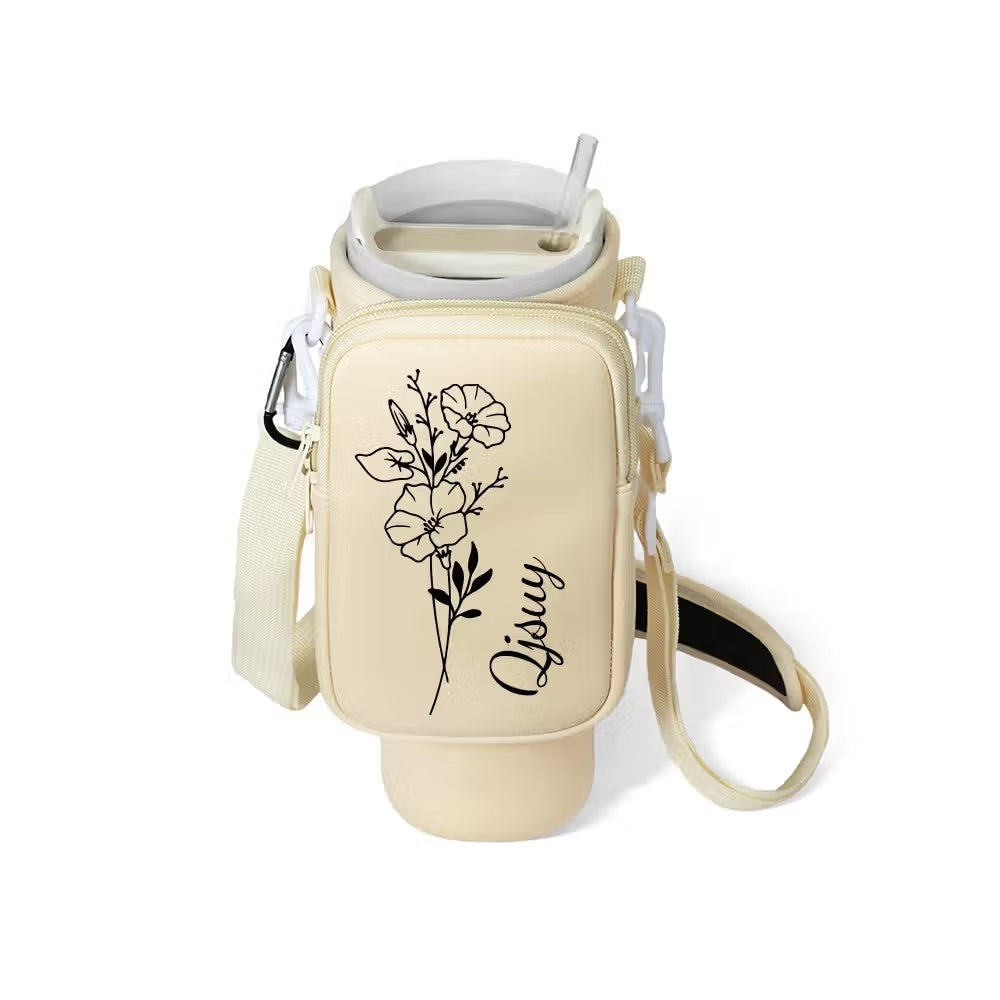 Cream personalized tumbler carrier bag with custom name, floral pouch and strap