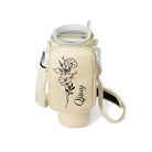 Cream personalized tumbler carrier bag with custom name, floral pouch and strap