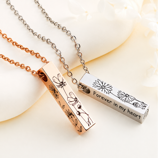 Personalized Birth Flower Urn Bar Necklace for Ashes | Custom Memorial Jewelry Keepsake