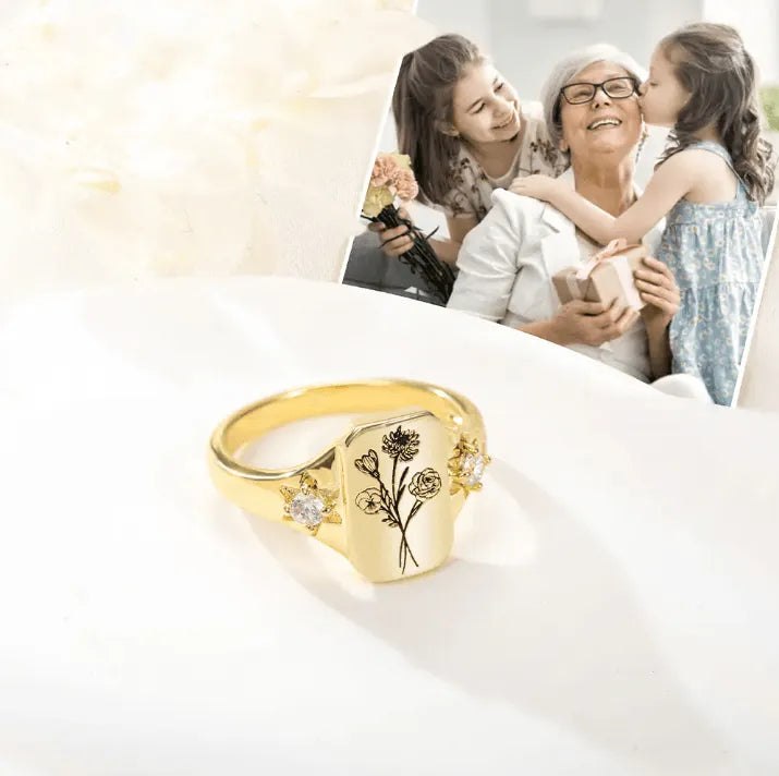 Birth Flower Signet Ring - Sterling Silver or Gold, Family Ring Bouquet Design, Perfect Gift for Her on Mother's Day - Belbren