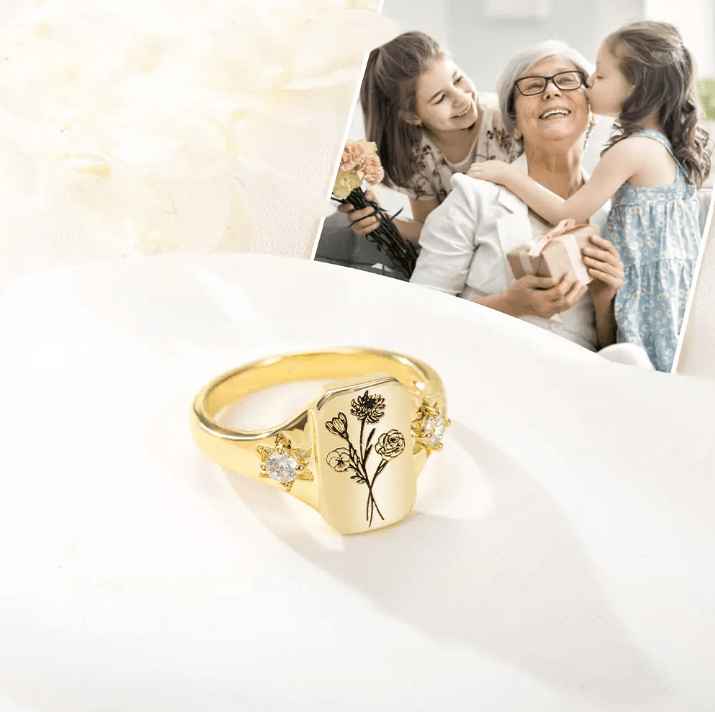 Birth Flower Signet Ring - Sterling Silver or Gold, Family Ring Bouquet Design, Perfect Gift for Her on Mother's Day - Belbren