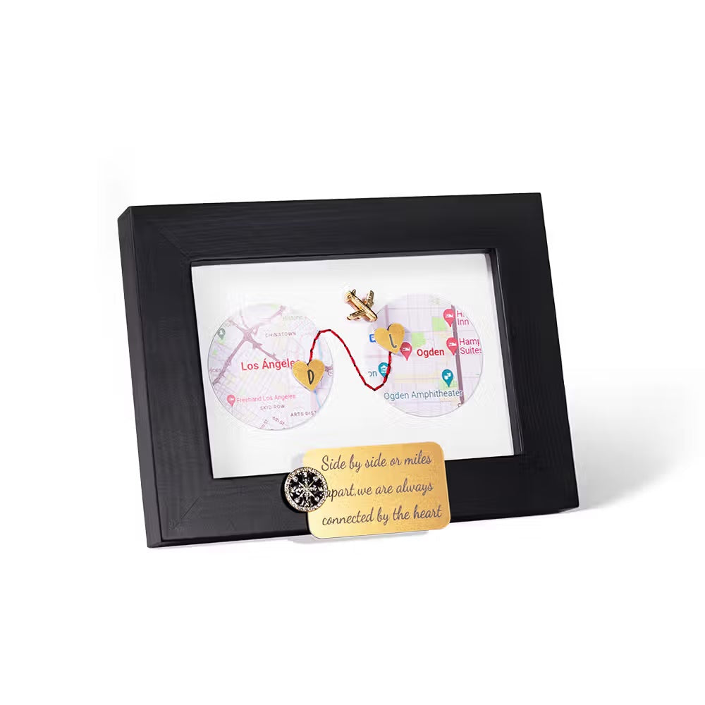 Personalized long distance relationship map frame on a white background
