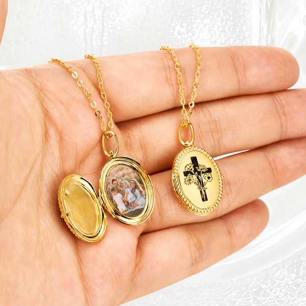 Personalized Cross Photo Locket Necklace with Birth Flower, Custom Engraved Memorial Gift for Mom