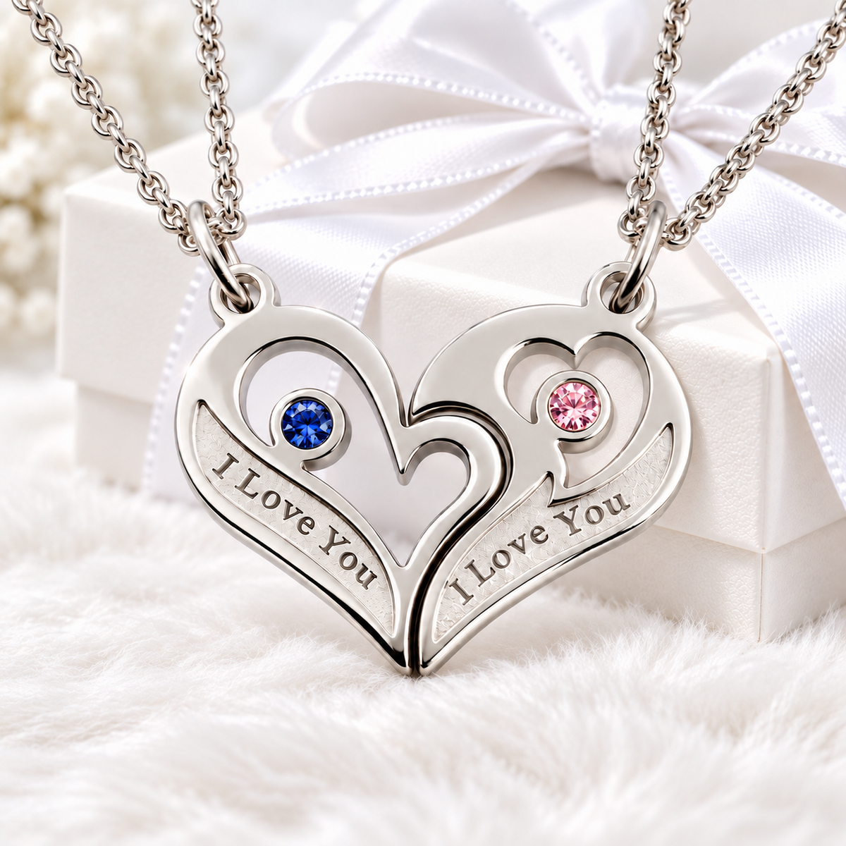 Couples breakable heart necklace with blue and pink birthstones