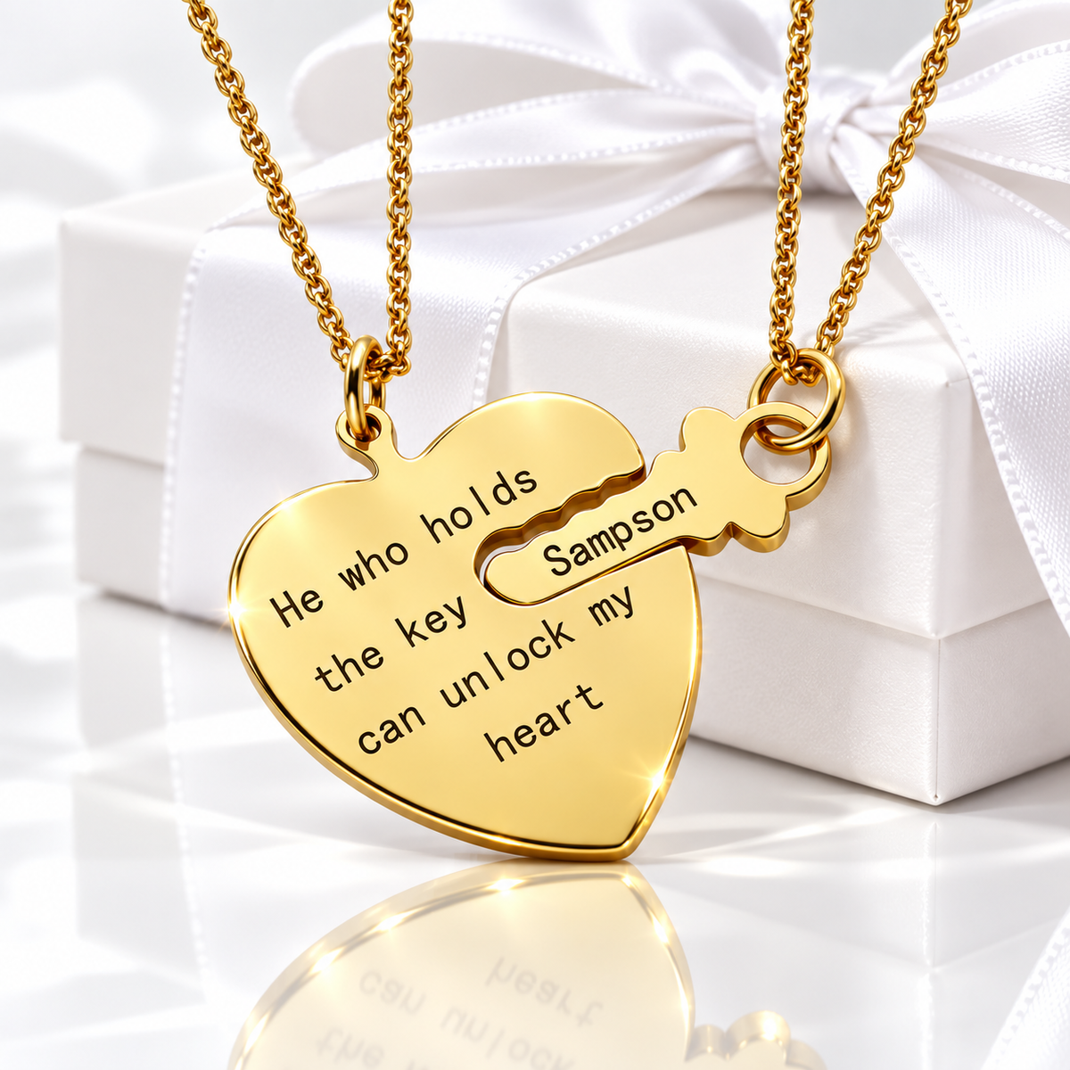Personalized gold heart and key necklace set for couples with custom name engraving