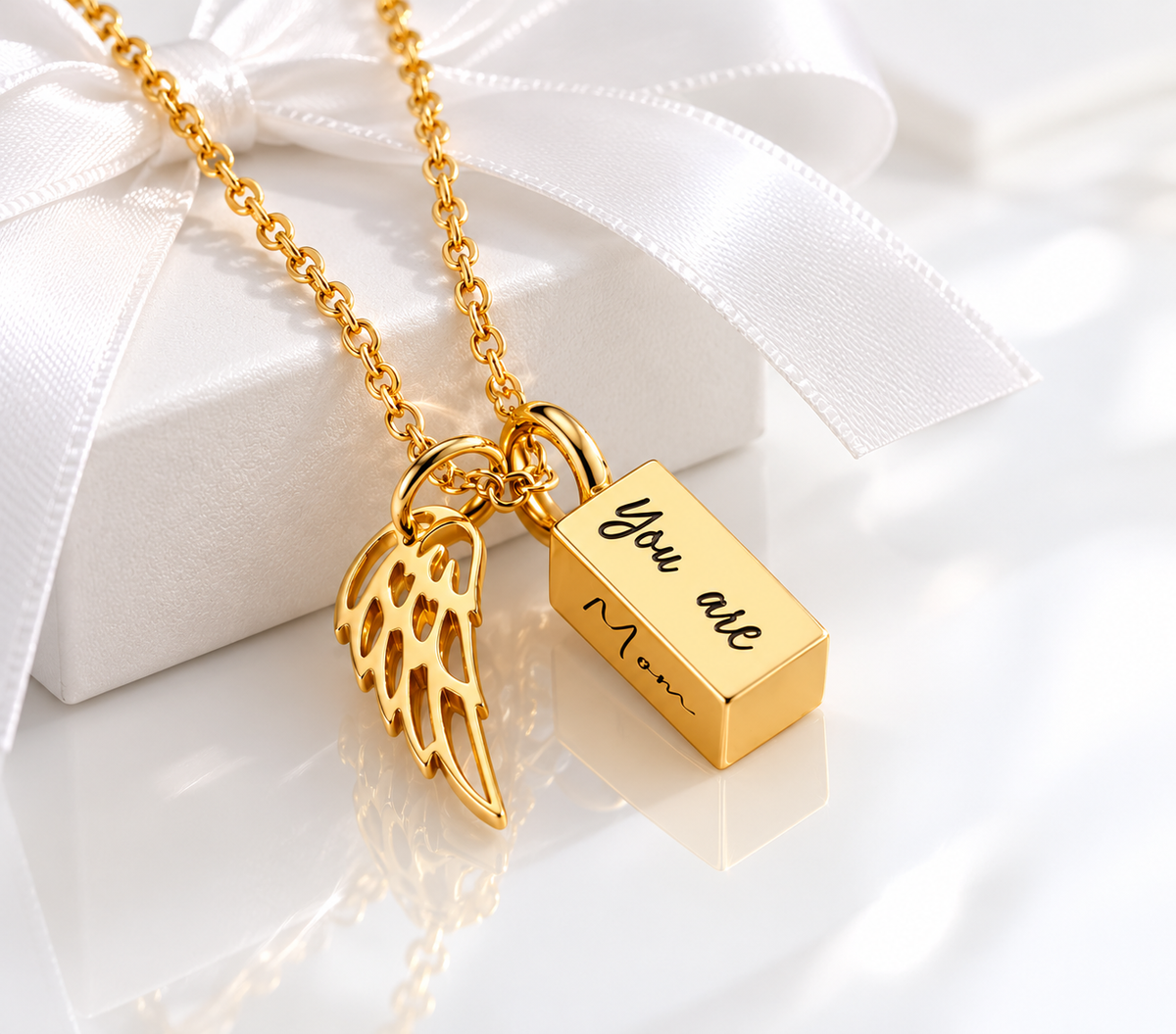 Personalized tiny urn necklace for ashes with angel wing charm