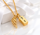 Personalized tiny urn necklace for ashes with angel wing charm