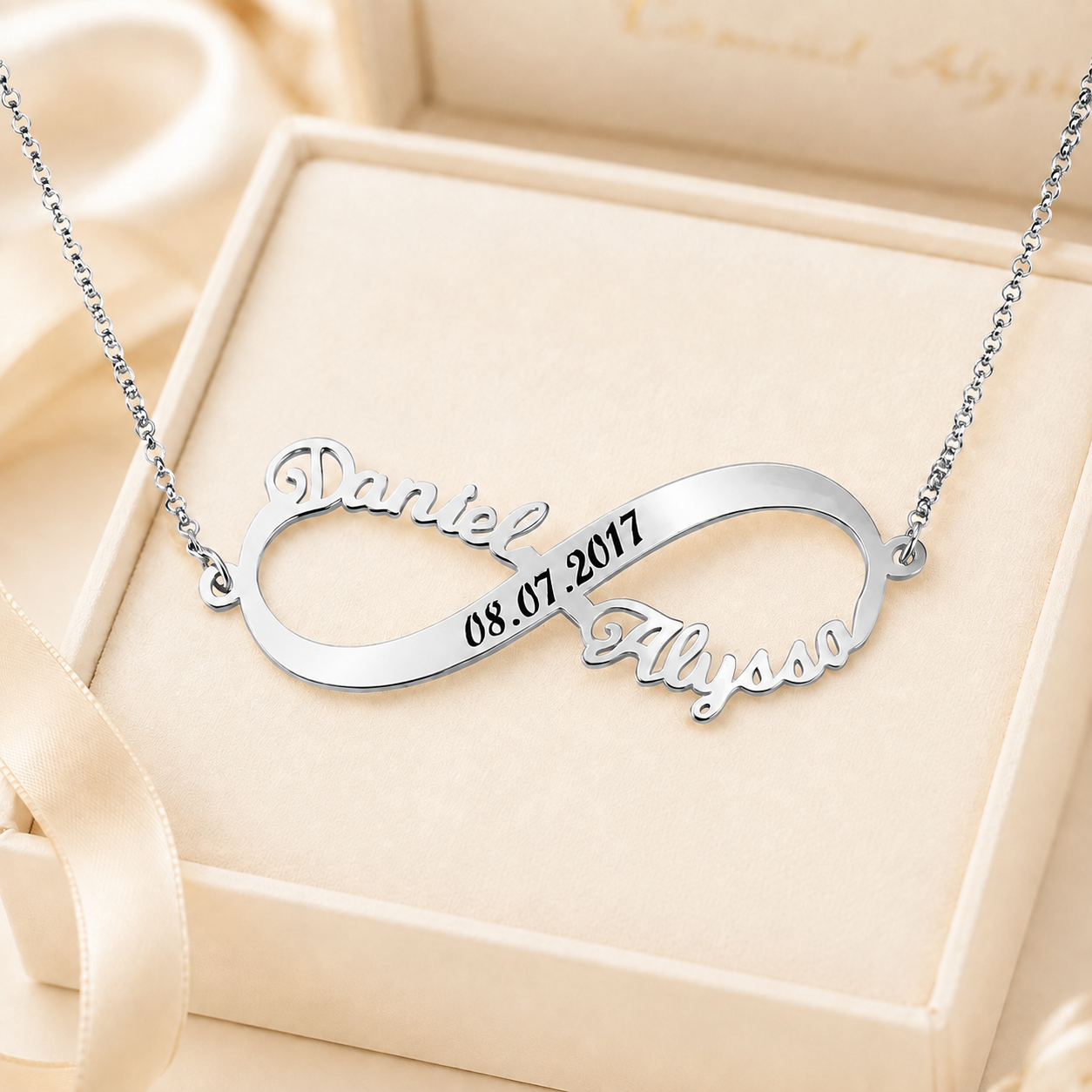 Personalized two names infinity necklace with date in silver