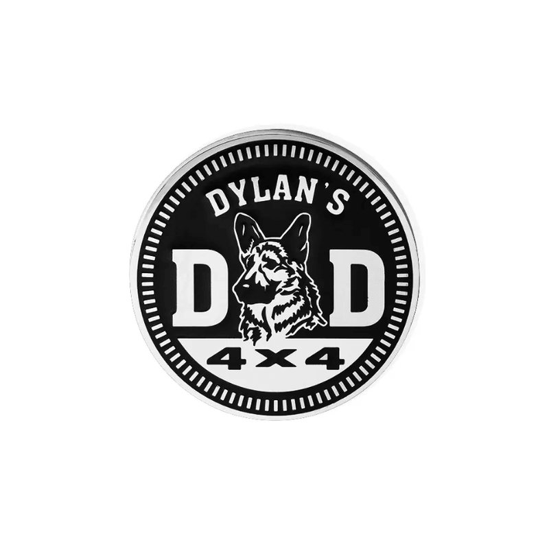 Isolated image of 'Dylan's Dad 4x4' custom vehicle badge featuring a German Shepherd design.