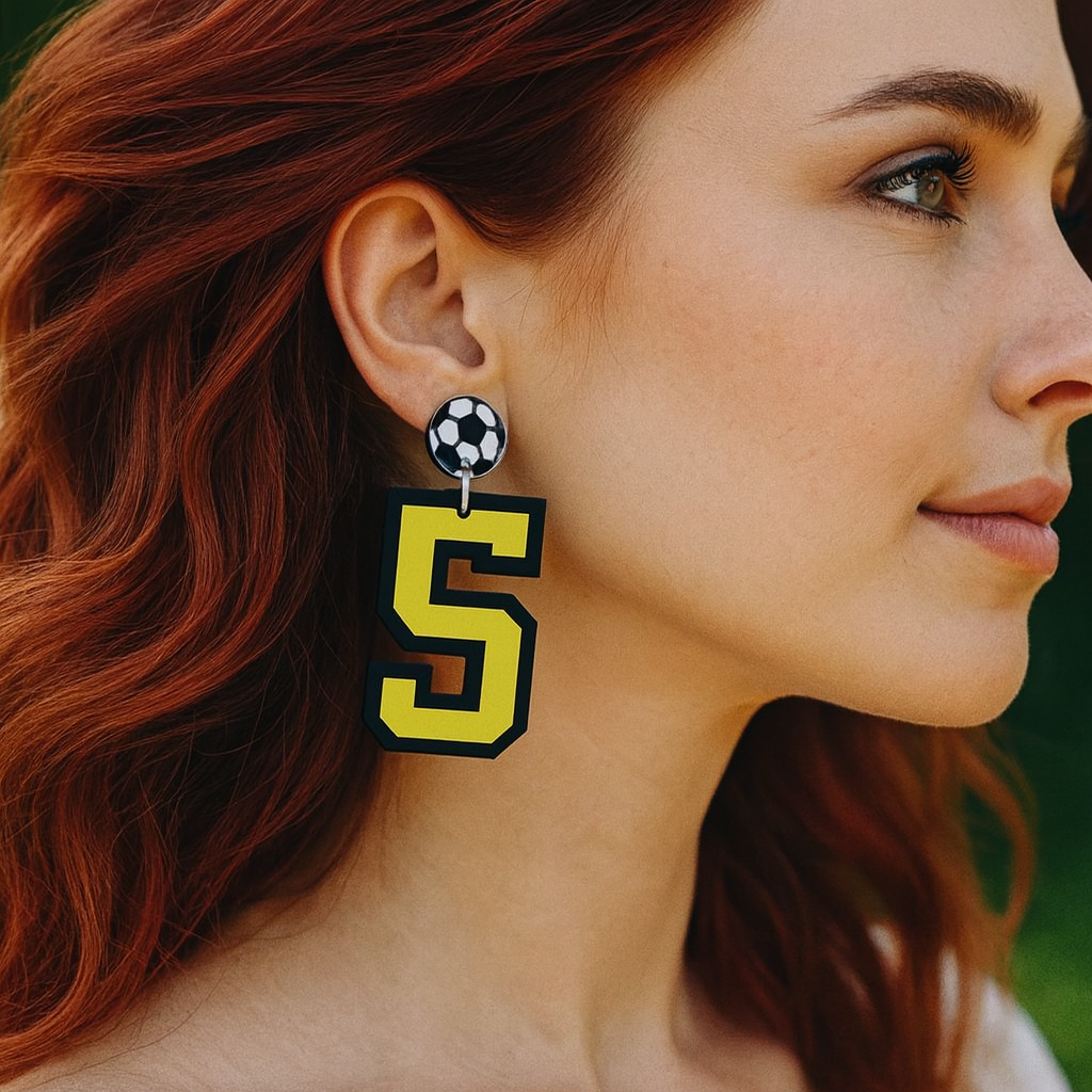 Custom soccer player number 5 earrings in black and yellow