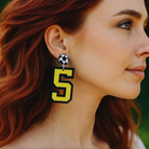 Custom soccer player number 5 earrings in black and yellow