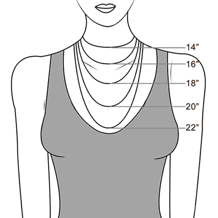 Illustration showing necklace lengths on a woman's torso: 14", 16", 18", 20", and 22" for reference on how each length falls on the body.