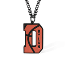 A basketball-themed pendant featuring the letter "D" with the name "Dylan" engraved on it, hanging on a chain.