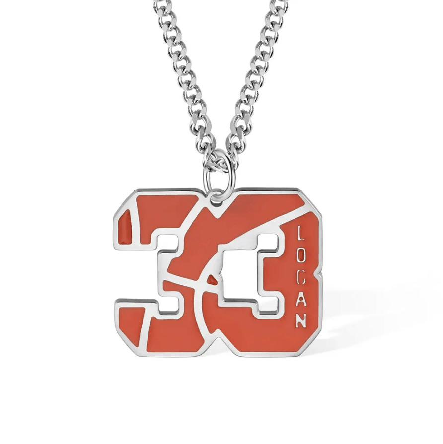 A basketball-themed pendant featuring the number "30" with the name "Logan" engraved on it, hanging on a silver chain.