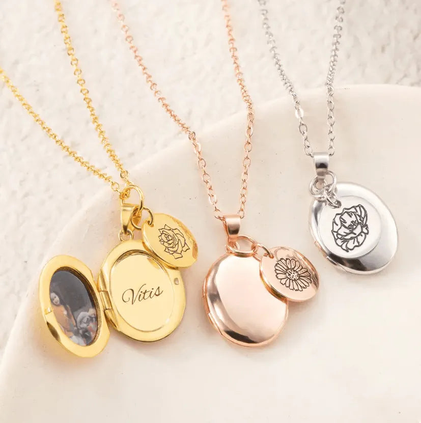 Custom Birth Flower Necklace Oval Photo Locket - Gift for Her - Belbren