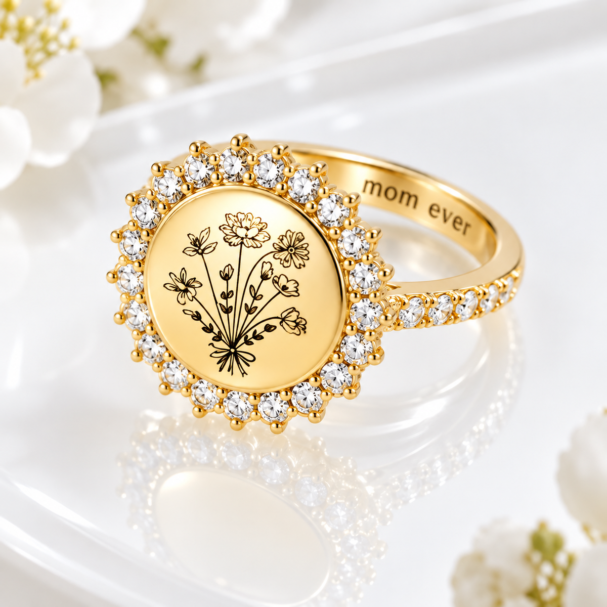Custom birth flower ring with floral bouquet engraving and sparkling stones, personalized jewelry gift for Mom.