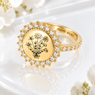 Custom birth flower ring with floral bouquet engraving and sparkling stones, personalized jewelry gift for Mom.