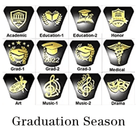 Twelve black and gold icons representing academic themes: Academic, Education, Honor, Graduation, Medical, Art, Music, and Drama, labeled "Graduation Season."