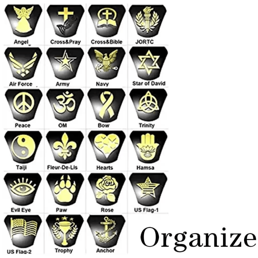 Twenty-three black and gold icons representing various symbols including Angel, Cross, Bible, JROTC, military branches, religious symbols, peace, and other emblems, labeled "Organize."
