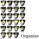 Twenty-three black and gold icons representing various symbols including Angel, Cross, Bible, JROTC, military branches, religious symbols, peace, and other emblems, labeled "Organize."