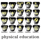 Twenty black and gold icons representing various physical education activities: Football, Weightlifting, Wrestling, Running, Sports, Tennis, Baseball, Soccer, Basketball, and Volleyball.