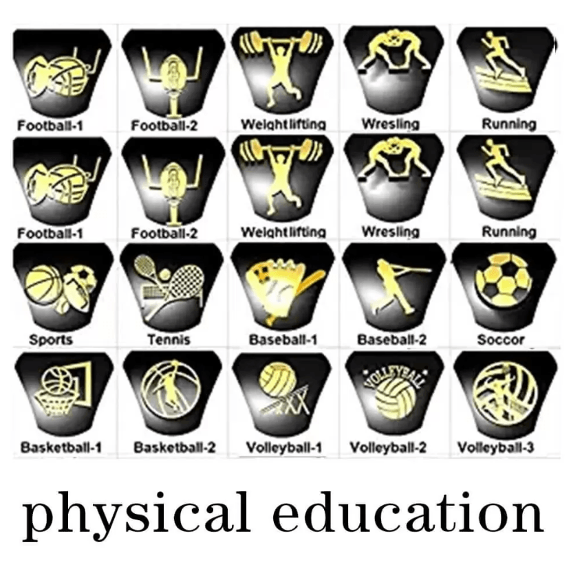 Twenty black and gold icons representing various physical education activities: Football, Weightlifting, Wrestling, Running, Sports, Tennis, Baseball, Soccer, Basketball, and Volleyball.