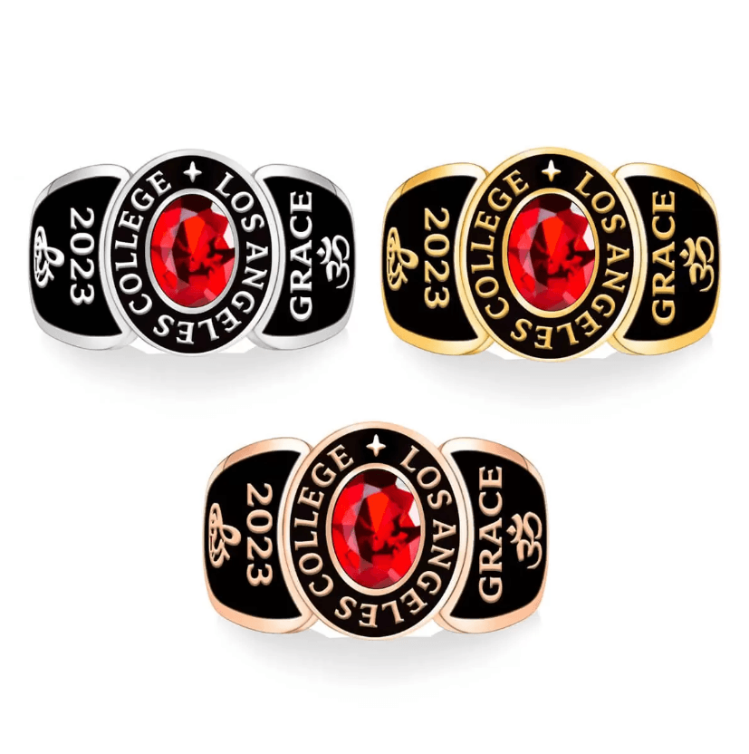 Three college rings with red gemstones, inscribed with "COLLEGE LOS ANGELES," "2023," and "GRACE" with Om symbols, in silver, gold, and rose gold variations.