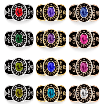 Twelve college rings with various colored gemstones, inscribed with "COLLEGE LOS ANGELES," "2023," and "GRACE" with Om symbols, in silver, gold, and rose gold variations.