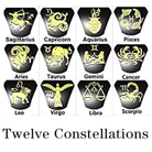 Twelve black and gold symbols representing the zodiac constellations: Sagittarius, Capricorn, Aquarius, Pisces, Aries, Taurus, Gemini, Cancer, Leo, Virgo, Libra, and Scorpio.