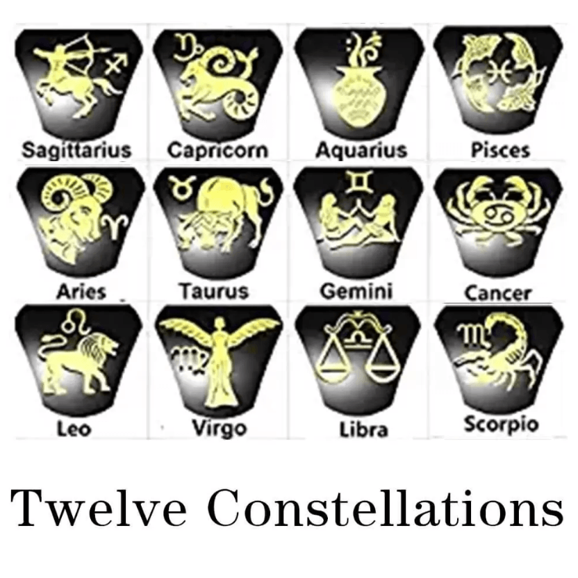 Twelve black and gold symbols representing the zodiac constellations: Sagittarius, Capricorn, Aquarius, Pisces, Aries, Taurus, Gemini, Cancer, Leo, Virgo, Libra, and Scorpio.