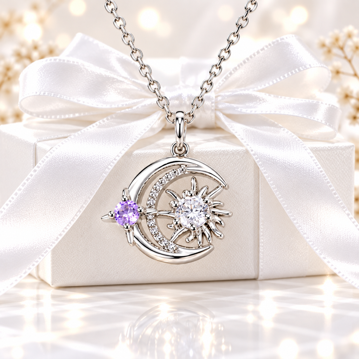 Custom birthstone sun and moon necklace in sterling silver